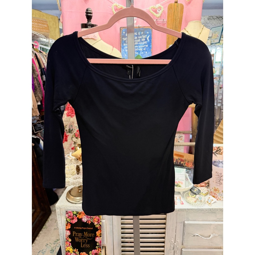 Theory Elastine Fitted 3/4 Sleeve Top Black Size P Quiet Luxury, Minimalist
